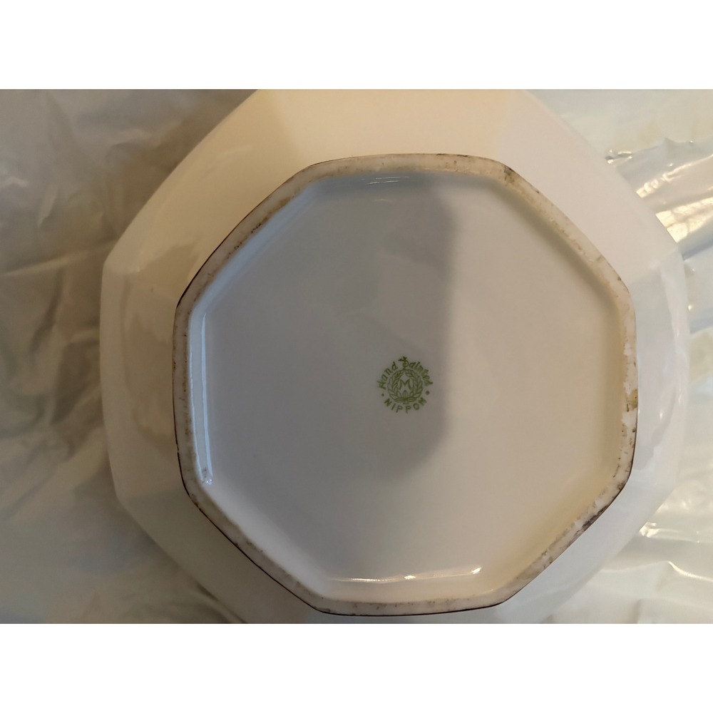 Antique Nippon Hand Painted Octagonal Porcelain Bowl Landscape Floral Gold Trim - Picture 4 of 8